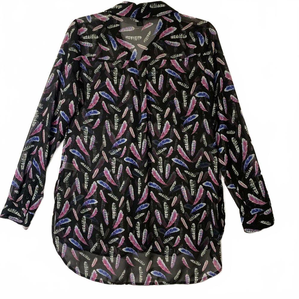 I love Heart Ronson Shirt Button Up Tunic Top Medium Black Feather Print Long